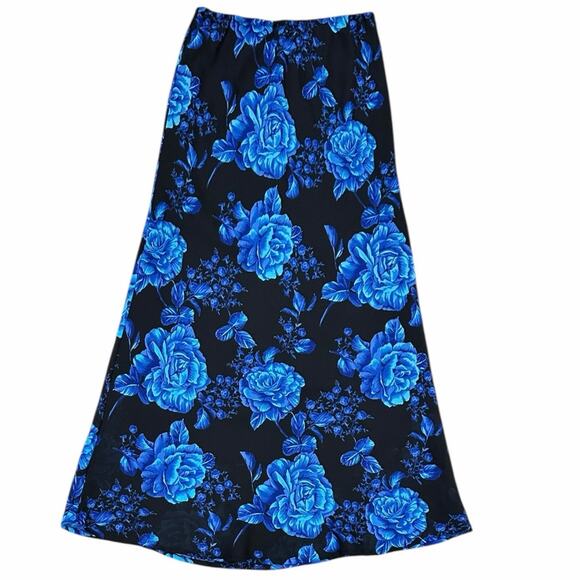 90s/00s Impressions Blue Roses Grunge Midi Skirt - Picture 1 of 6